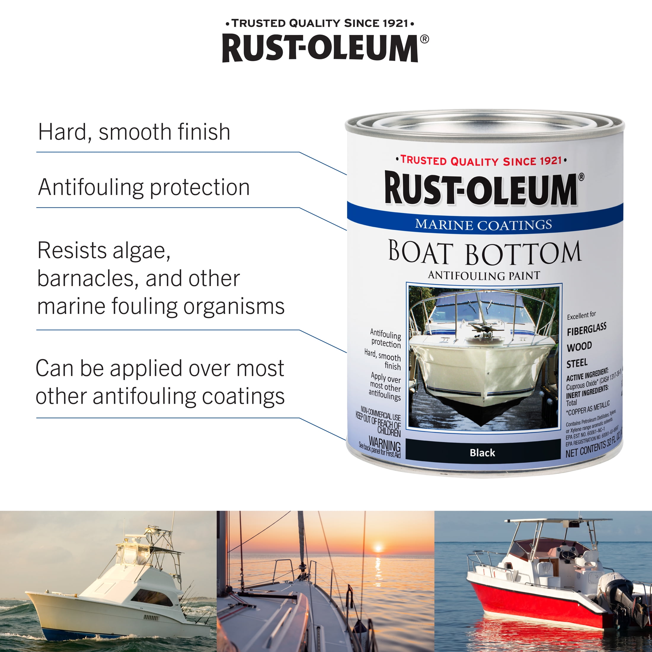 Flat Black, Rust-Oleum Marine Coatings Boat Bottom Antifouling Paint, Quart, 4 Pack