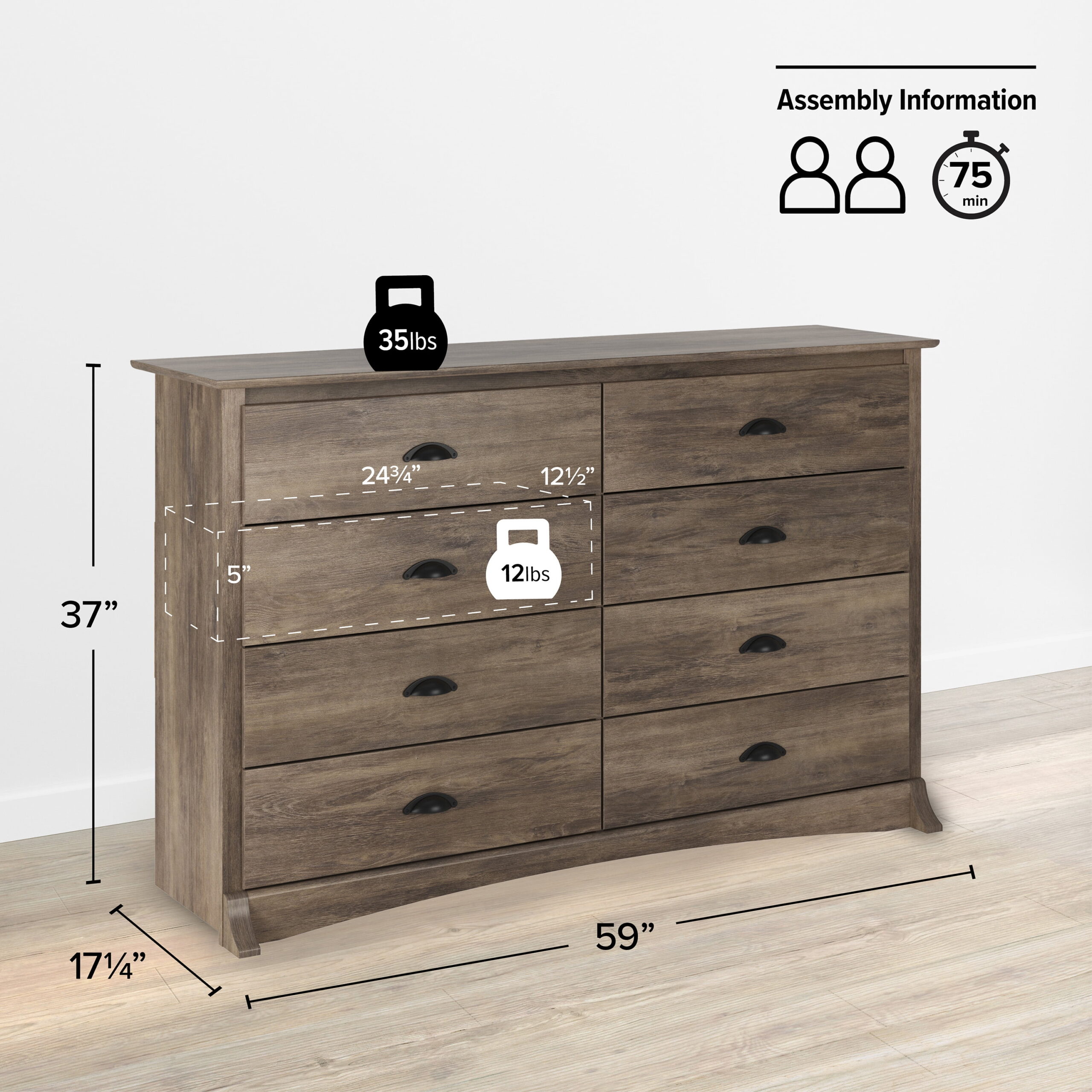 Prepac Salt Spring 8-Drawer Dresser, Drifted Gray