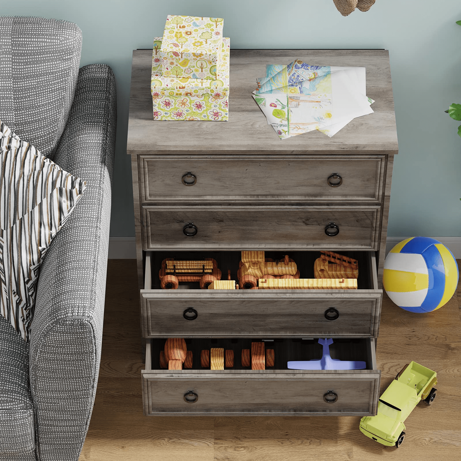 LGHM 3 Piece Bedroom Dresser Set, 4 Drawer Dresser, 2 Drawers Nightstand set of 2, Gray