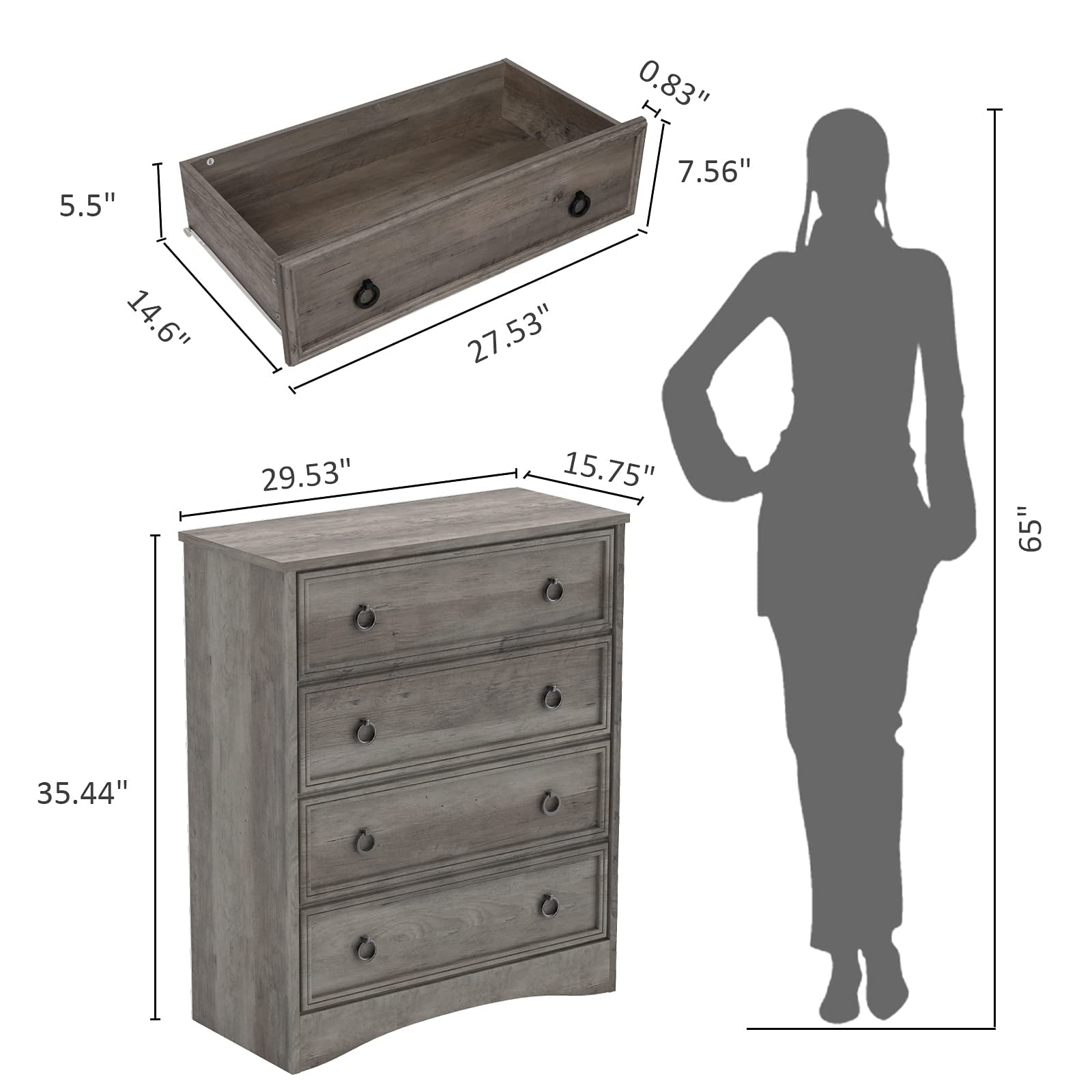 LGHM 3 Piece Bedroom Dresser Set, 4 Drawer Dresser, 2 Drawers Nightstand set of 2, Gray