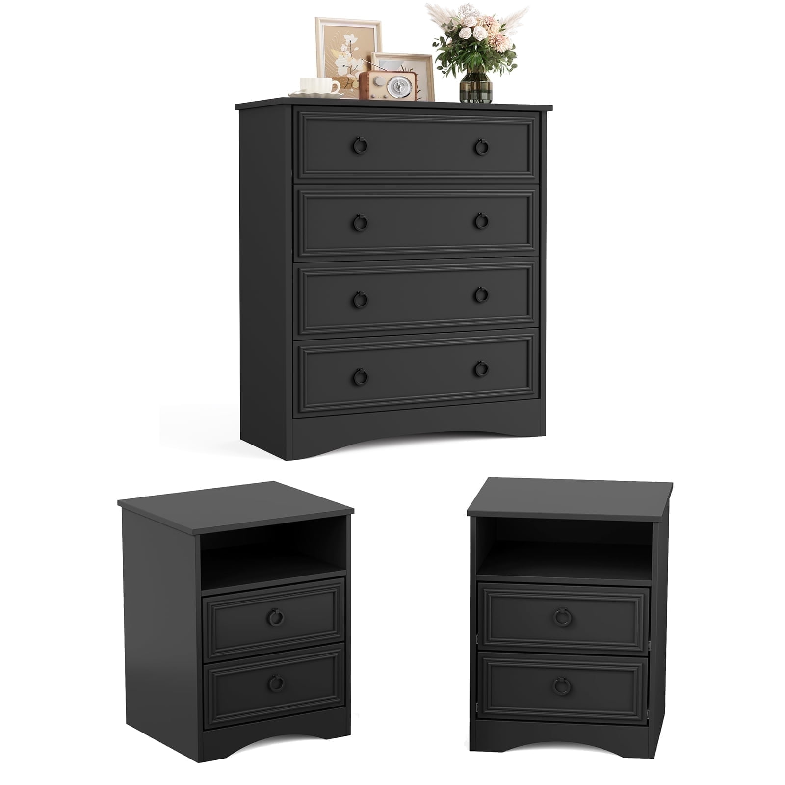 LGHM 3 Piece Bedroom Dresser Set, 4 Drawer Dresser, 2 Drawers Nightstand set of 2, Black
