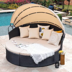 Homall Outdoor Daybed with Retractable Canopy Sectional Rattan Round Bed for Patio, Black & Beige