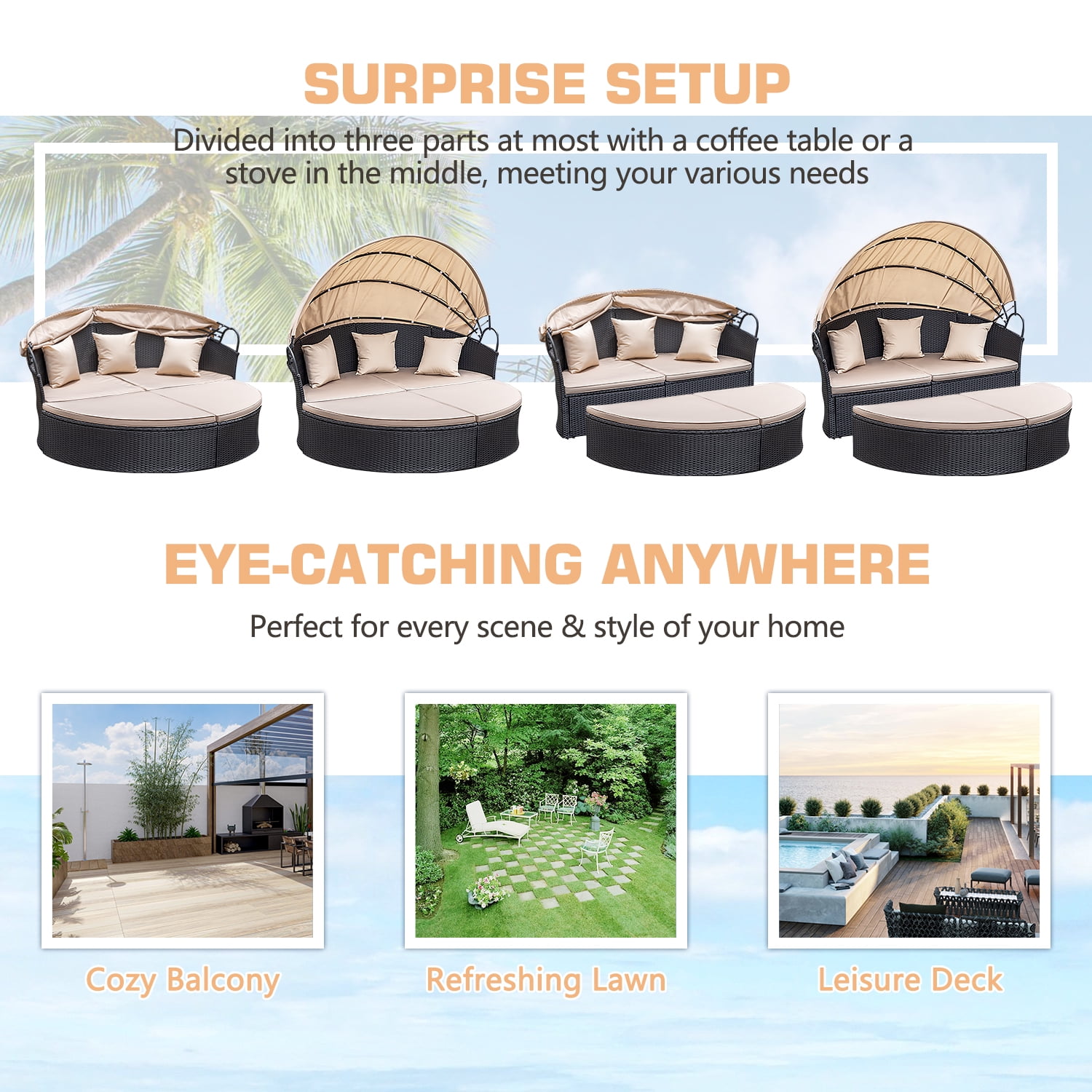 Homall Outdoor Daybed with Retractable Canopy Sectional Rattan Round Bed for Patio, Black & Beige