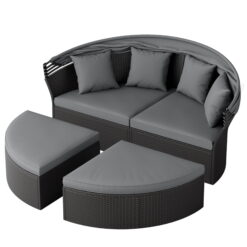 SUNCROWN 4 Piece Outdoor Round Canopy Daybed Black Wicker Patio Furniture Set with Cushions