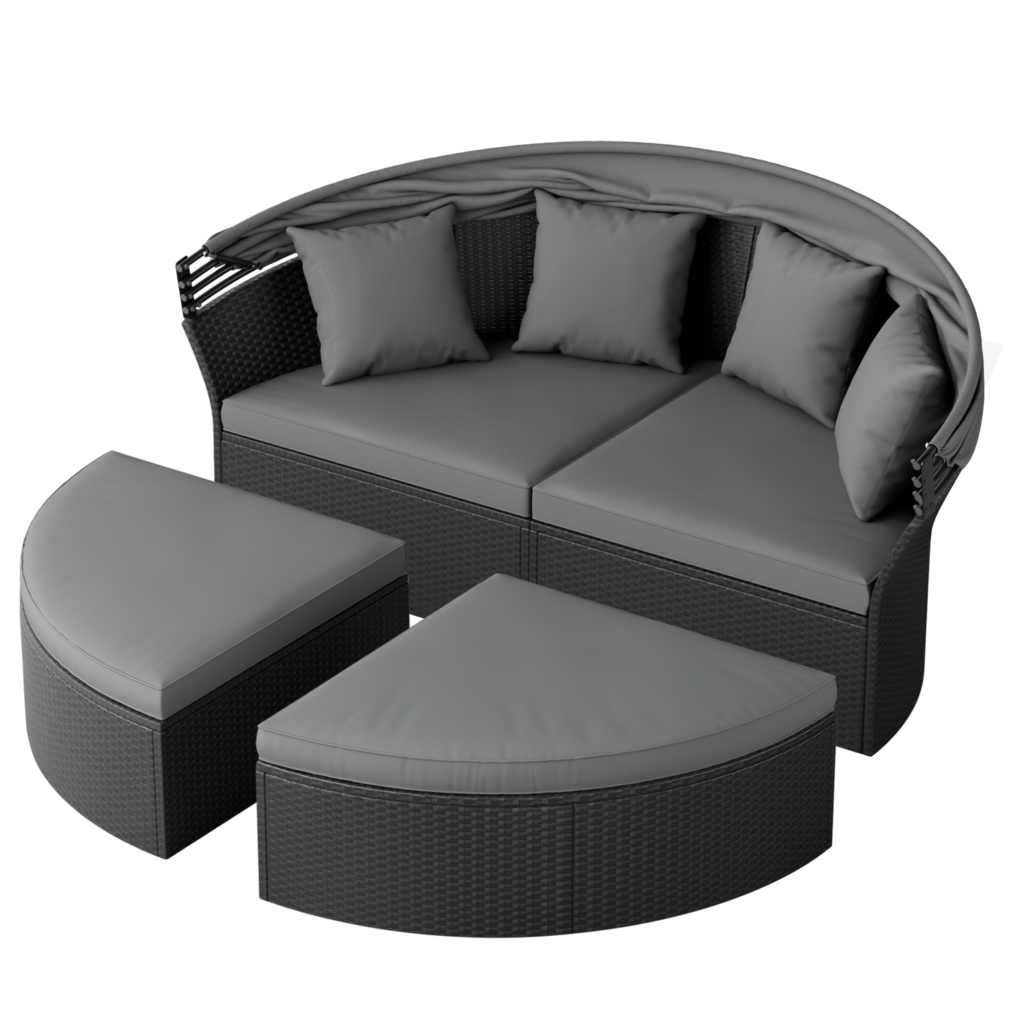 SUNCROWN 4 Piece Outdoor Round Canopy Daybed Black Wicker Patio Furniture Set with Cushions