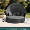 SUNCROWN 4 Piece Outdoor Round Canopy Daybed Black Wicker Patio Furniture Set with Cushions
