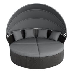 SUNCROWN 4 Piece Outdoor Round Canopy Daybed Black Wicker Patio Furniture Set with Cushions