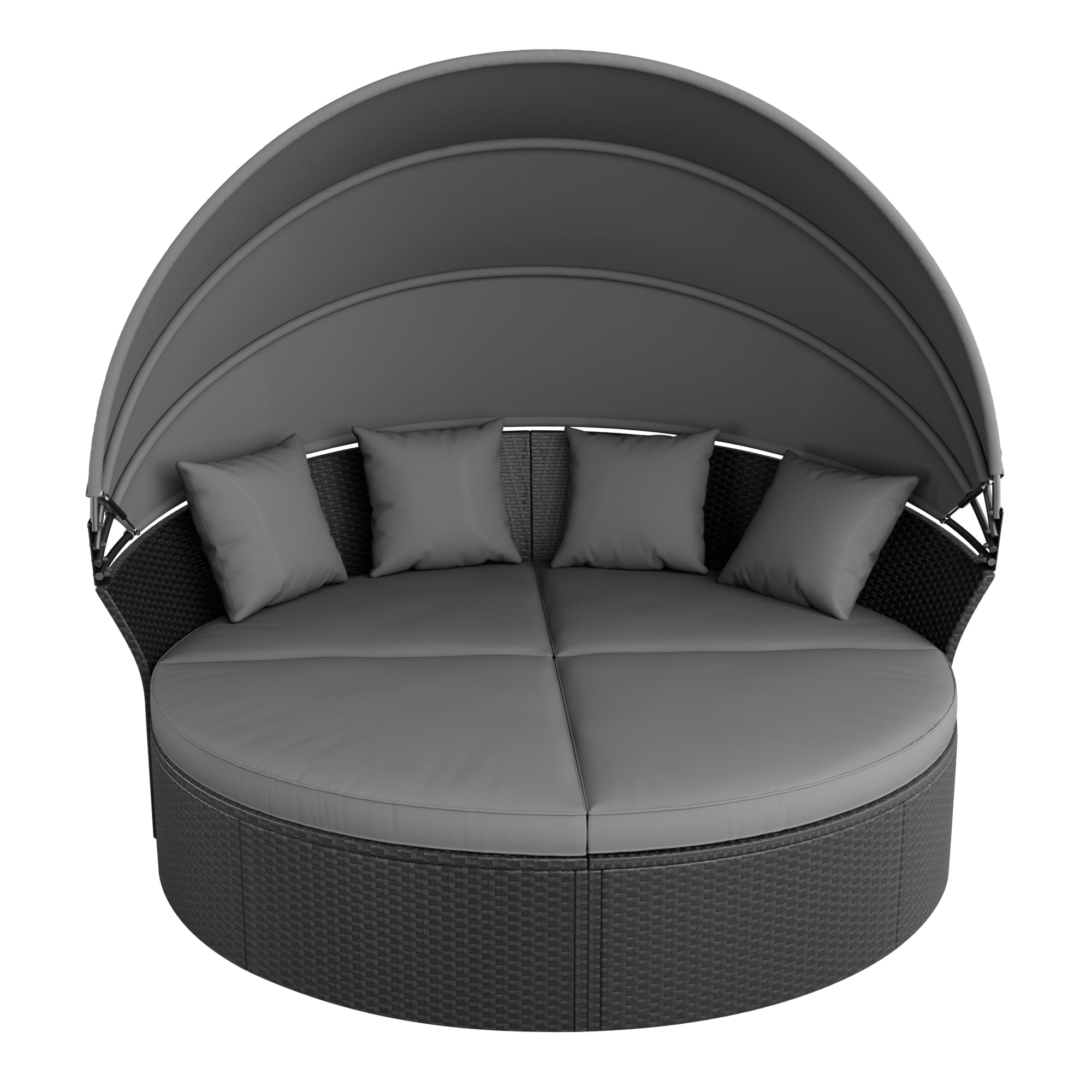 SUNCROWN 4 Piece Outdoor Round Canopy Daybed Black Wicker Patio Furniture Set with Cushions