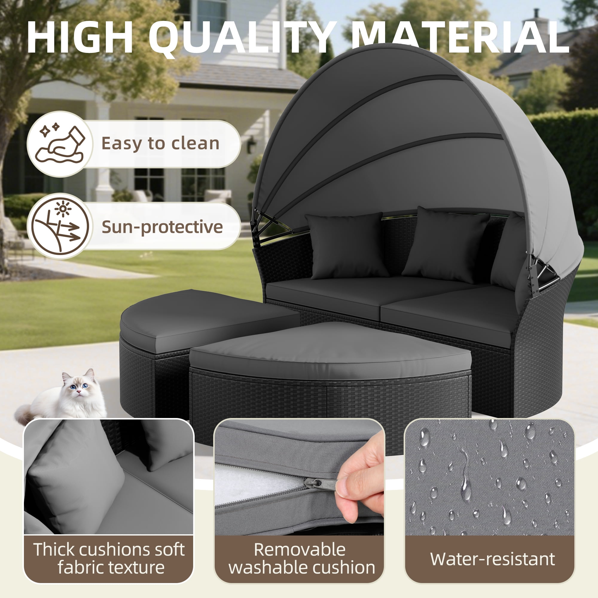 SUNCROWN 4 Piece Outdoor Round Canopy Daybed Black Wicker Patio Furniture Set with Cushions