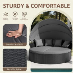 SUNCROWN 4 Piece Outdoor Round Canopy Daybed Black Wicker Patio Furniture Set with Cushions