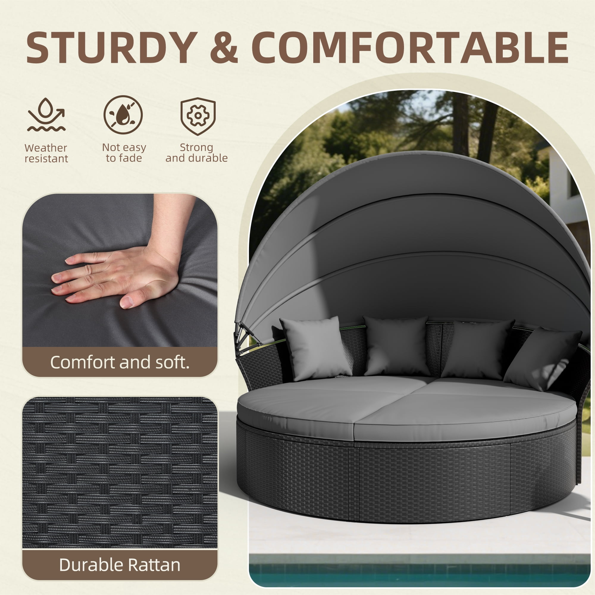 SUNCROWN 4 Piece Outdoor Round Canopy Daybed Black Wicker Patio Furniture Set with Cushions