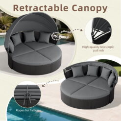 SUNCROWN 4 Piece Outdoor Round Canopy Daybed Black Wicker Patio Furniture Set with Cushions