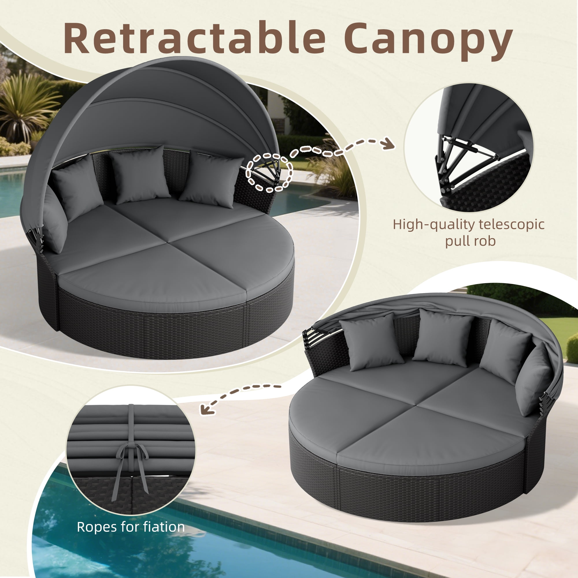 SUNCROWN 4 Piece Outdoor Round Canopy Daybed Black Wicker Patio Furniture Set with Cushions
