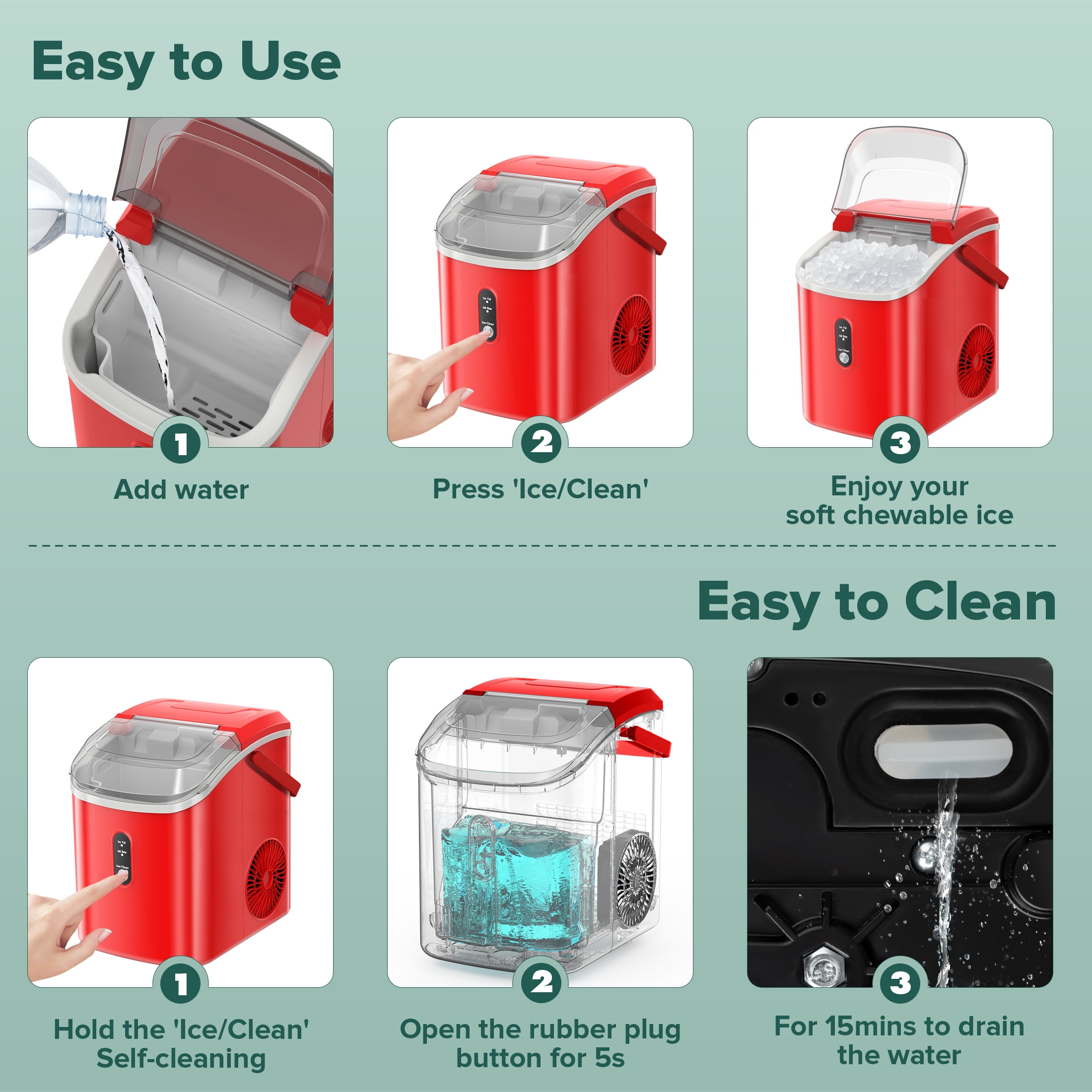 KISSAIR Nugget Ice Maker Countertop with Soft Chewable Pellet Ice, Portable Ice Machine with Handle, 35lbs/24H, Red