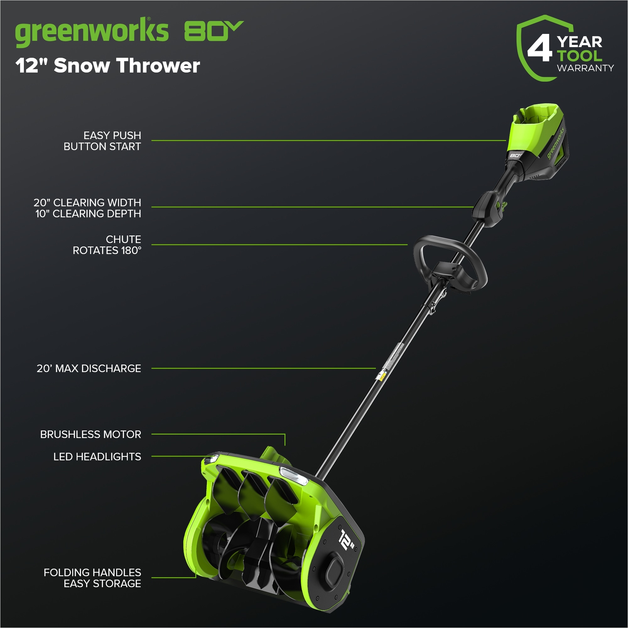 Greenworks 80-volt 12-in Single-stage Push Battery Powered Snow Shovel 2.5 Ah (Battery Included) (Charger Included)