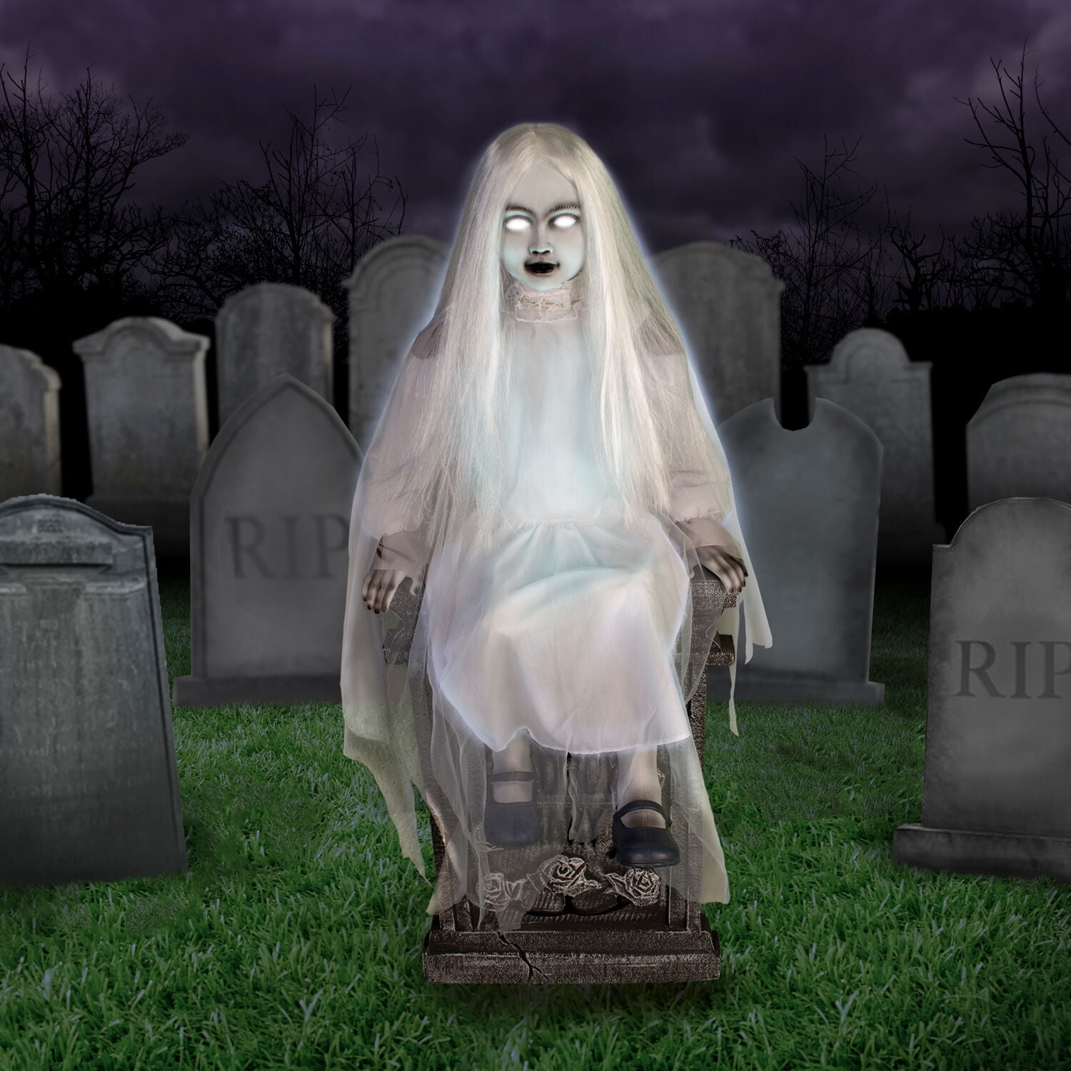 Motion-Activated 4 ft Sitting Tombstone Girl by Tekky, Premium Talking Halloween Animatronic, Outdoor/Indoor Plug-In or Battery, HHSTMBGRL-1FLSA