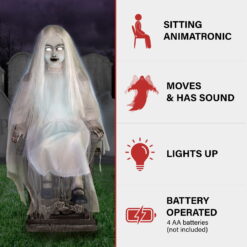 Motion-Activated 4 ft Sitting Tombstone Girl by Tekky, Premium Talking Halloween Animatronic, Outdoor/Indoor Plug-In or Battery, HHSTMBGRL-1FLSA