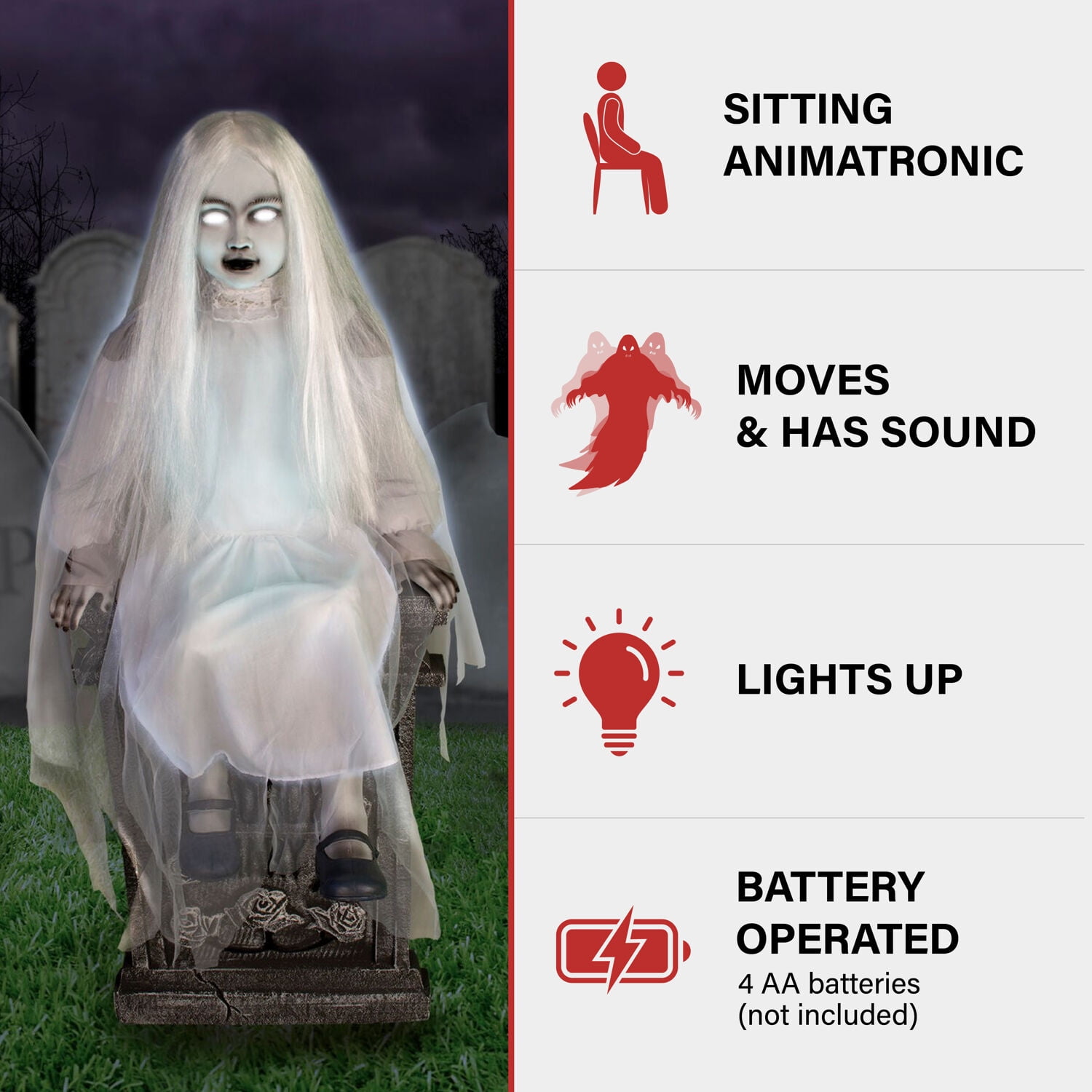Motion-Activated 4 ft Sitting Tombstone Girl by Tekky, Premium Talking Halloween Animatronic, Outdoor/Indoor Plug-In or Battery, HHSTMBGRL-1FLSA