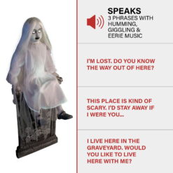 Motion-Activated 4 ft Sitting Tombstone Girl by Tekky, Premium Talking Halloween Animatronic, Outdoor/Indoor Plug-In or Battery, HHSTMBGRL-1FLSA