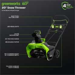Greenworks 60V 20" Cordless Single-Stage Snow Blower with 5.0 Ah Battery & 6A Charger 2608702