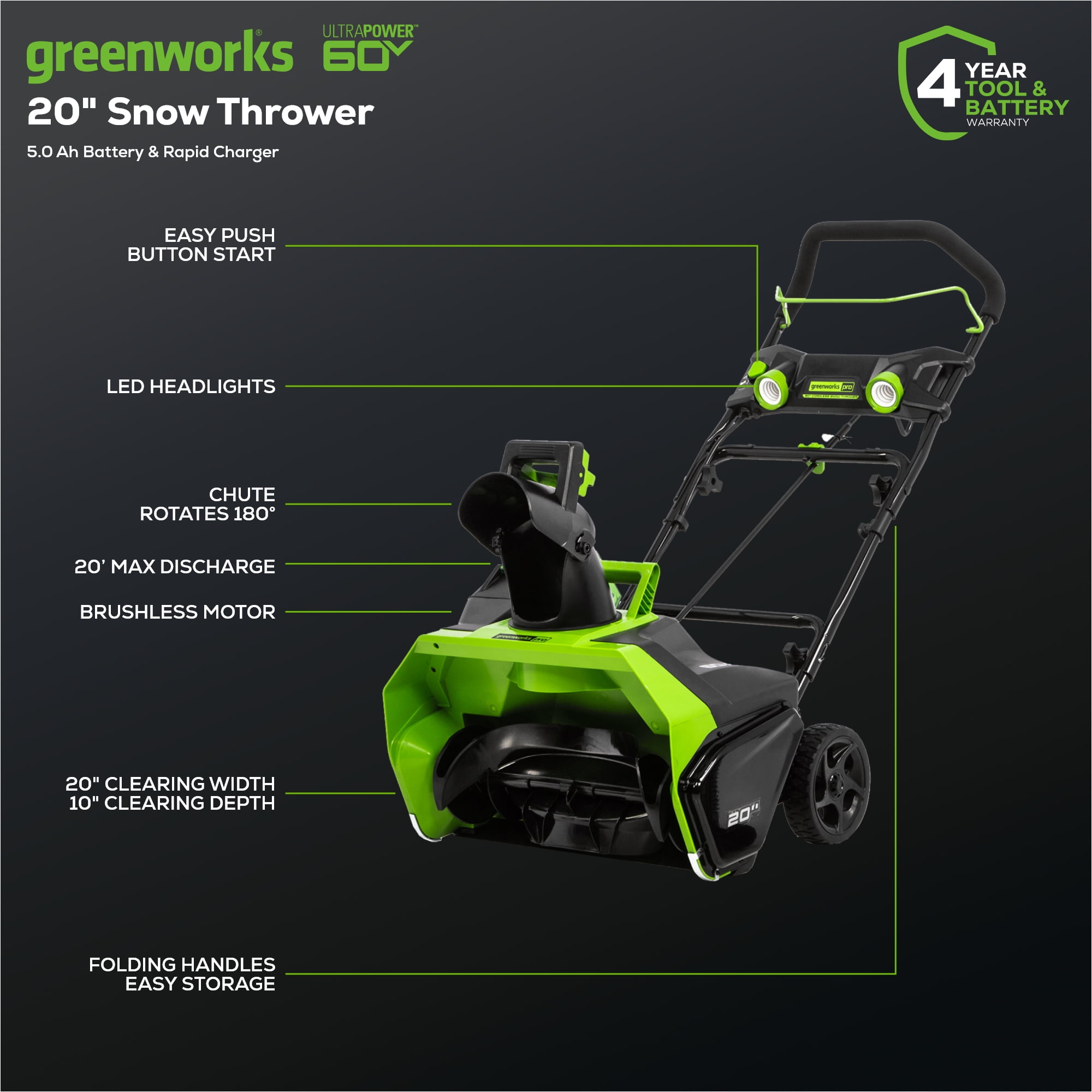 Greenworks 60V 20" Cordless Single-Stage Snow Blower with 5.0 Ah Battery & 6A Charger 2608702