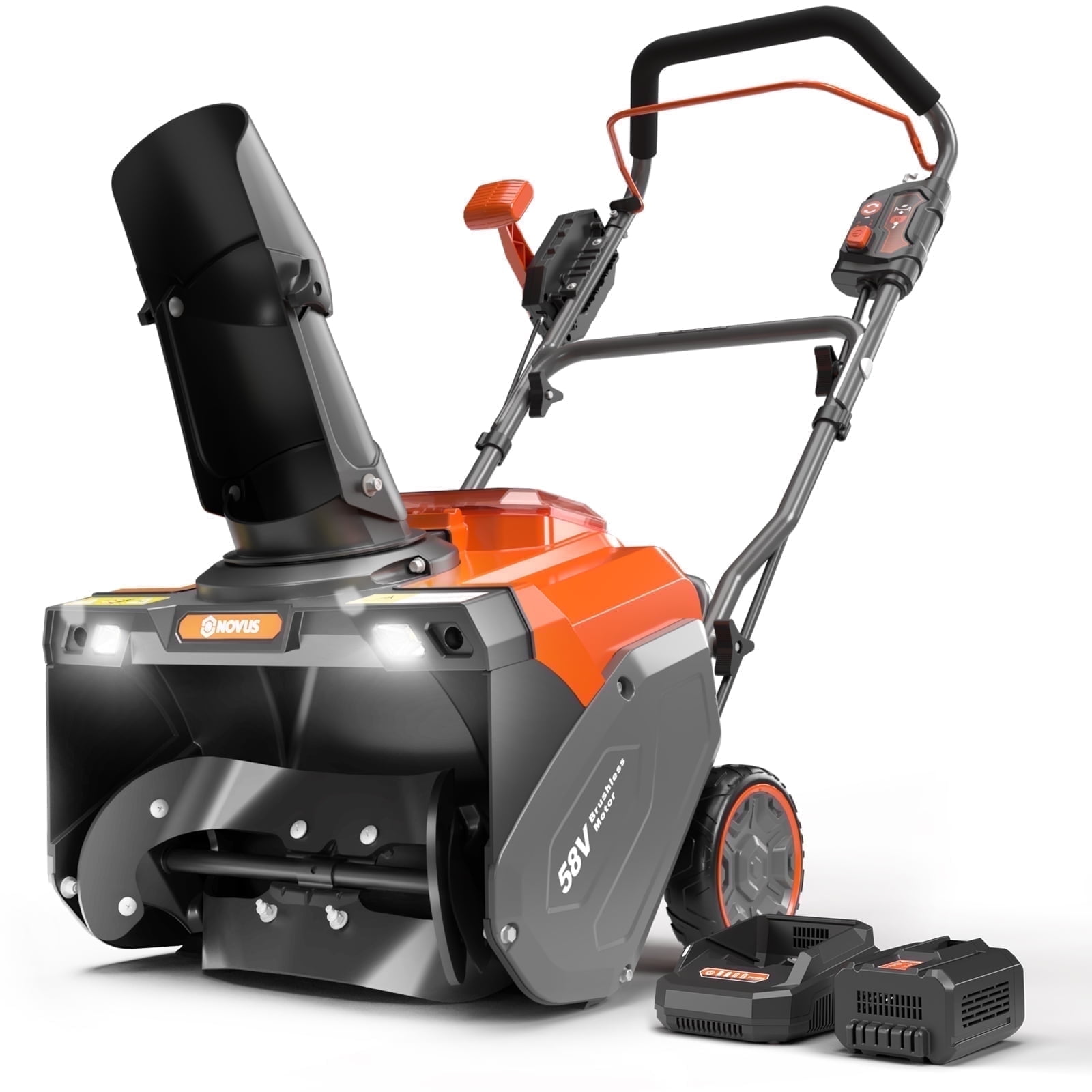 NOVUS 18 in Cordless Snow Blower, Single-Stage Snow Thrower, 58V, 5Ah Battery & Charger with Remote Chute Rotation, Dual LED Lights and Wear Resistant Rubber & Steel Auger