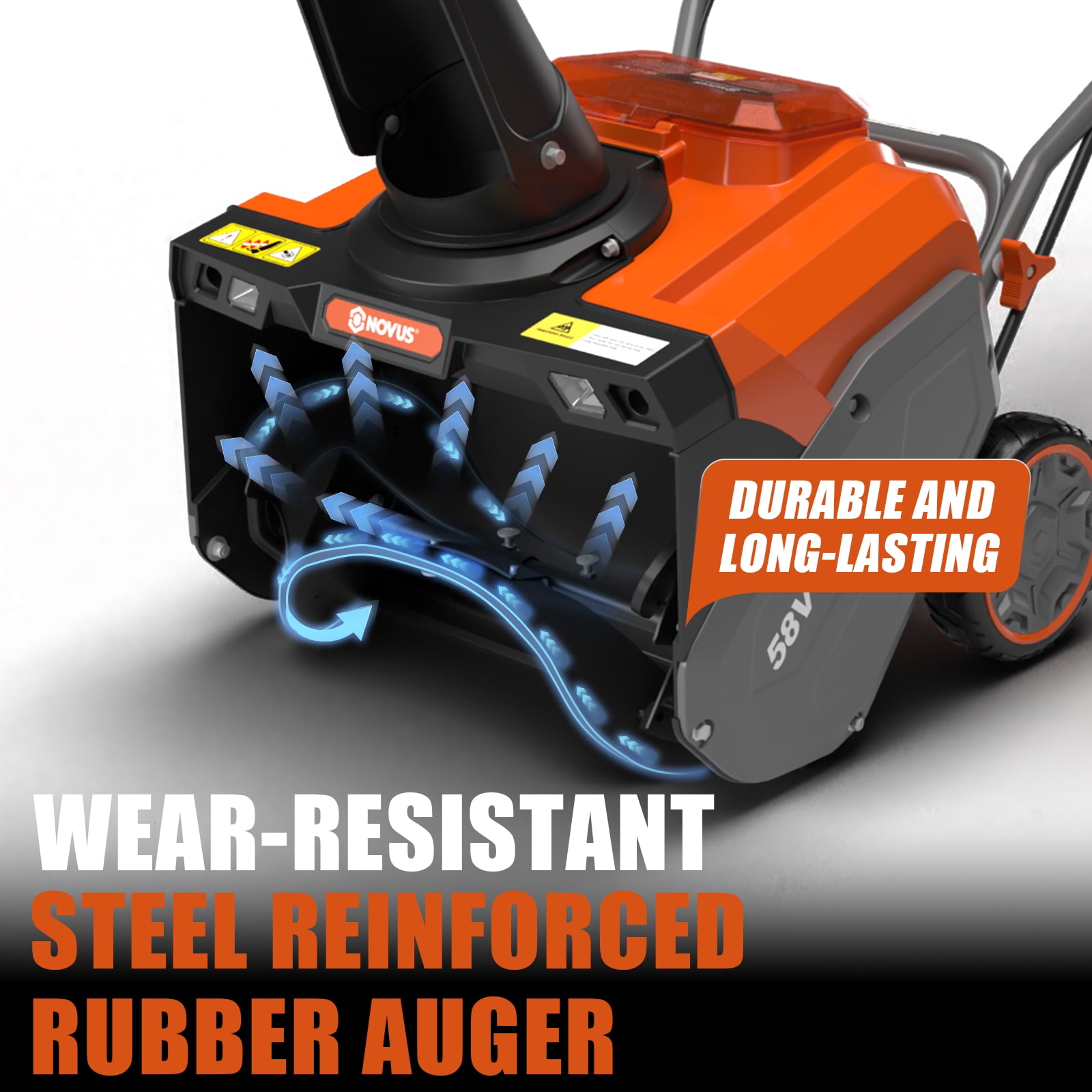 NOVUS 18 in Cordless Snow Blower, Single-Stage Snow Thrower, 58V, 5Ah Battery & Charger with Remote Chute Rotation, Dual LED Lights and Wear Resistant Rubber & Steel Auger