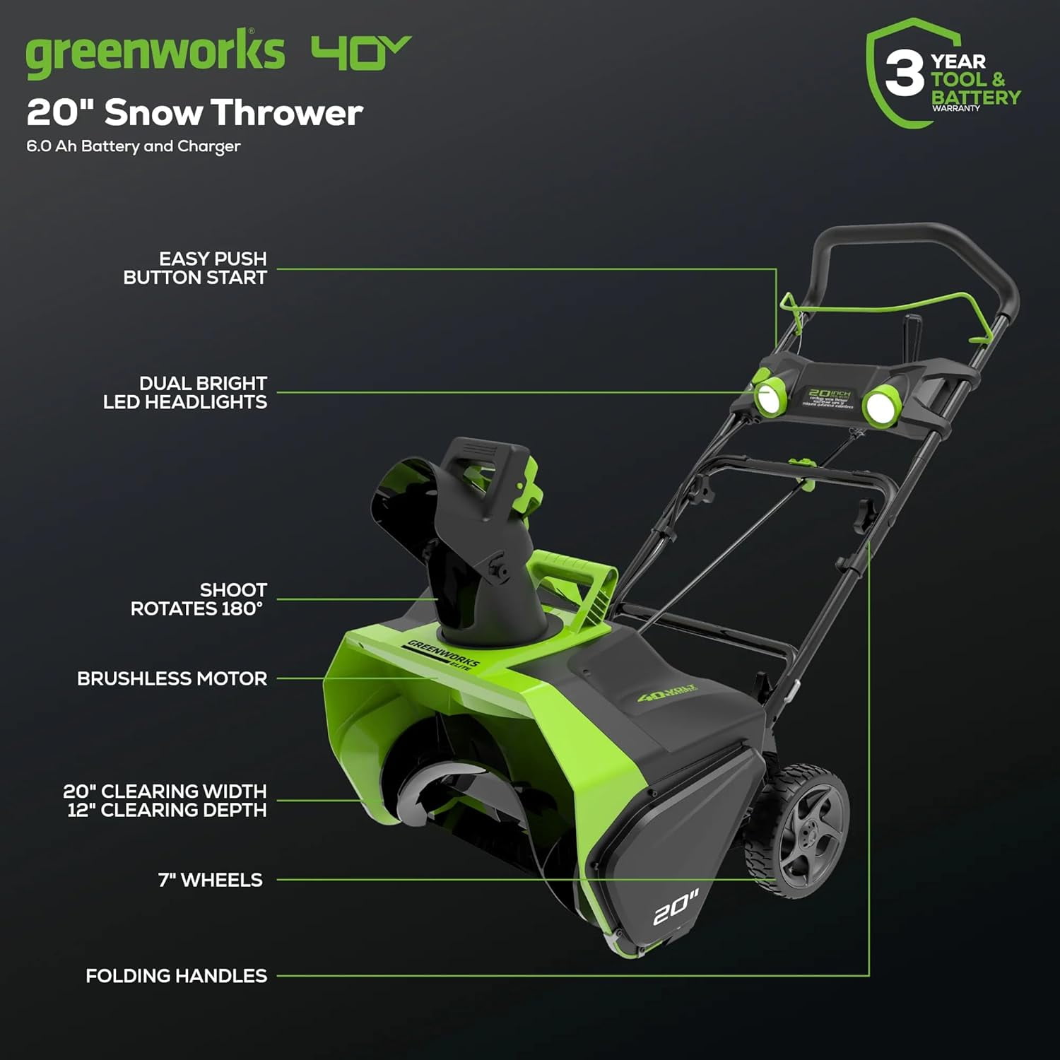 Greenworks 40V 20" Cordless Battery Single-Stage Snow Blower w/ 5.0Ah Battery & Charger