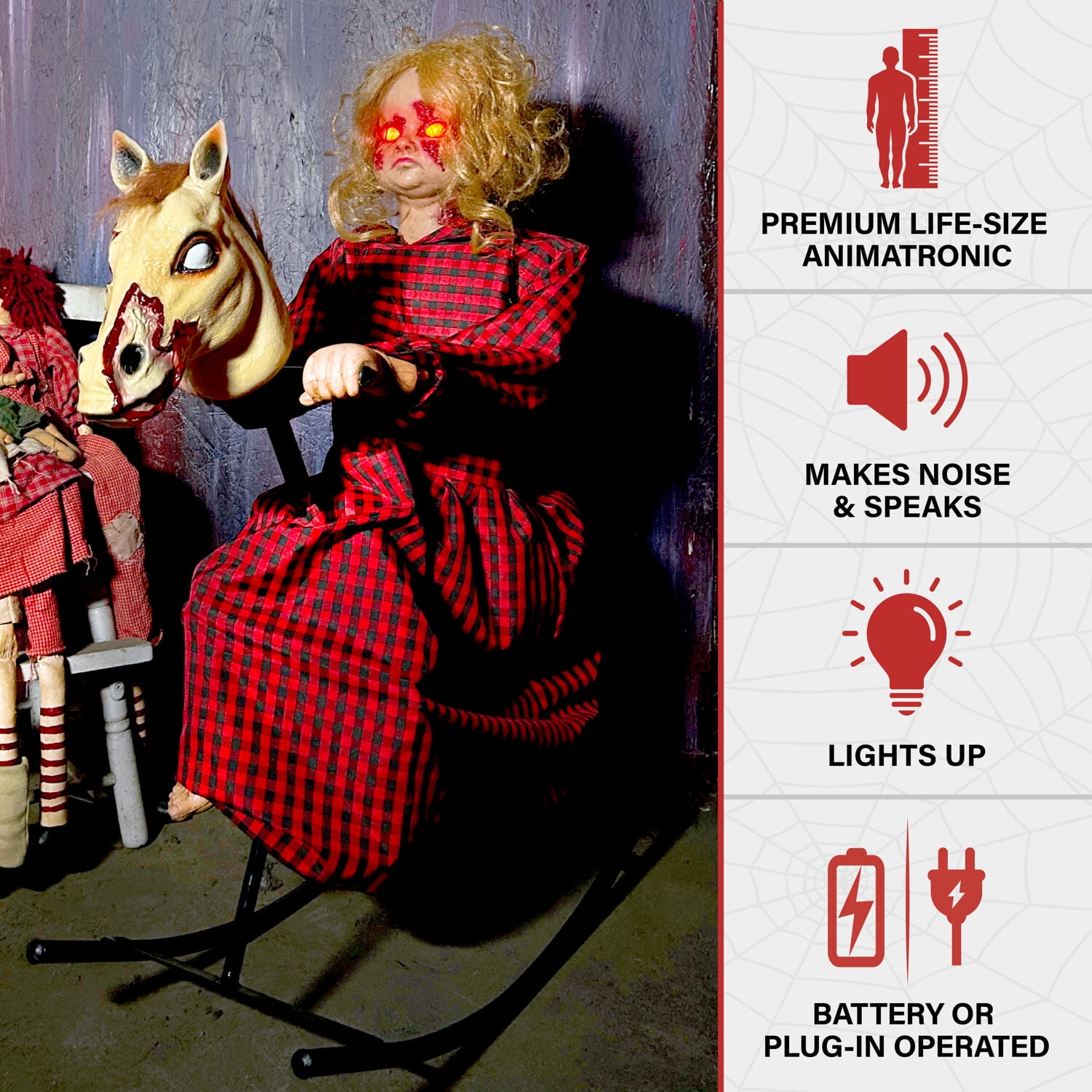 Haunted Hill Farm Haunted Hill Farm 3.2 ft. Voice & Sound-Sensor Rocking Horse Girl Halloween Animatronic, HHRCKHRSGRL-1FLSA