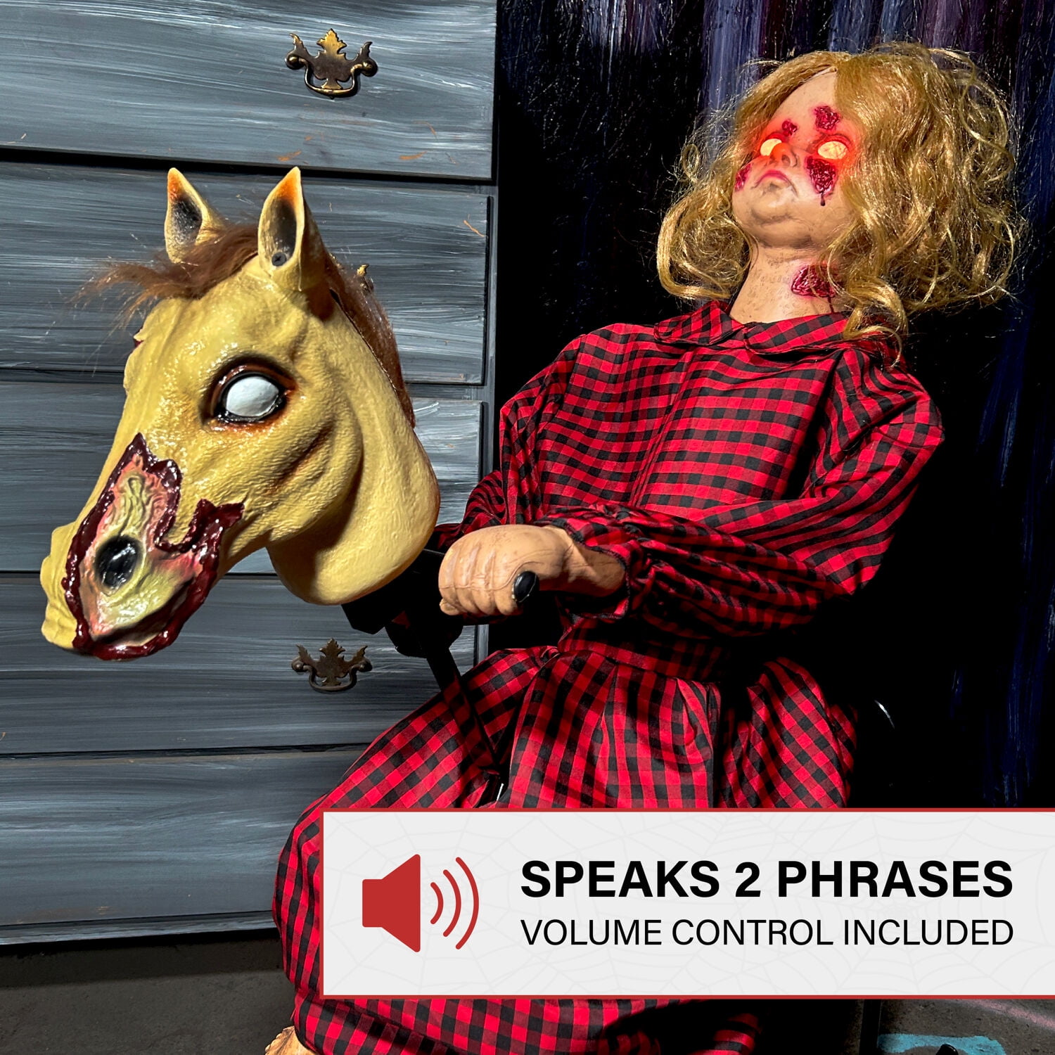Haunted Hill Farm Haunted Hill Farm 3.2 ft. Voice & Sound-Sensor Rocking Horse Girl Halloween Animatronic, HHRCKHRSGRL-1FLSA