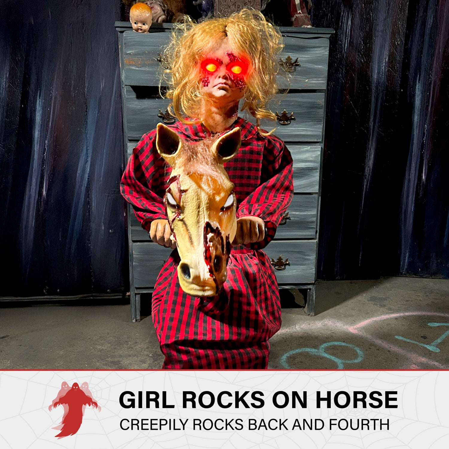 Haunted Hill Farm Haunted Hill Farm 3.2 ft. Voice & Sound-Sensor Rocking Horse Girl Halloween Animatronic, HHRCKHRSGRL-1FLSA