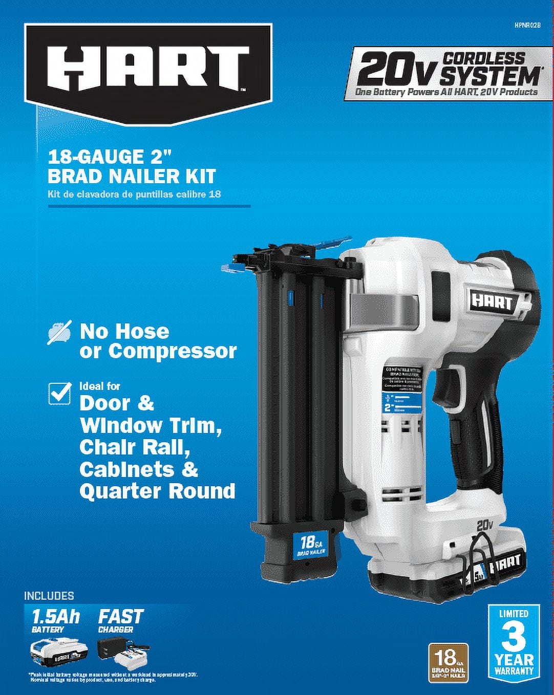 HART 20-Volt 2-inch 18-Gauge Battery-Powered Brad Nailer Kit, (1) 1.5Ah Lithium-Ion Battery