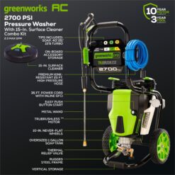 Greenworks 2700-PSI 2.3-GPM Cold Water Electric Pressure washer with 5 Spray Tips and Surface Cleaner