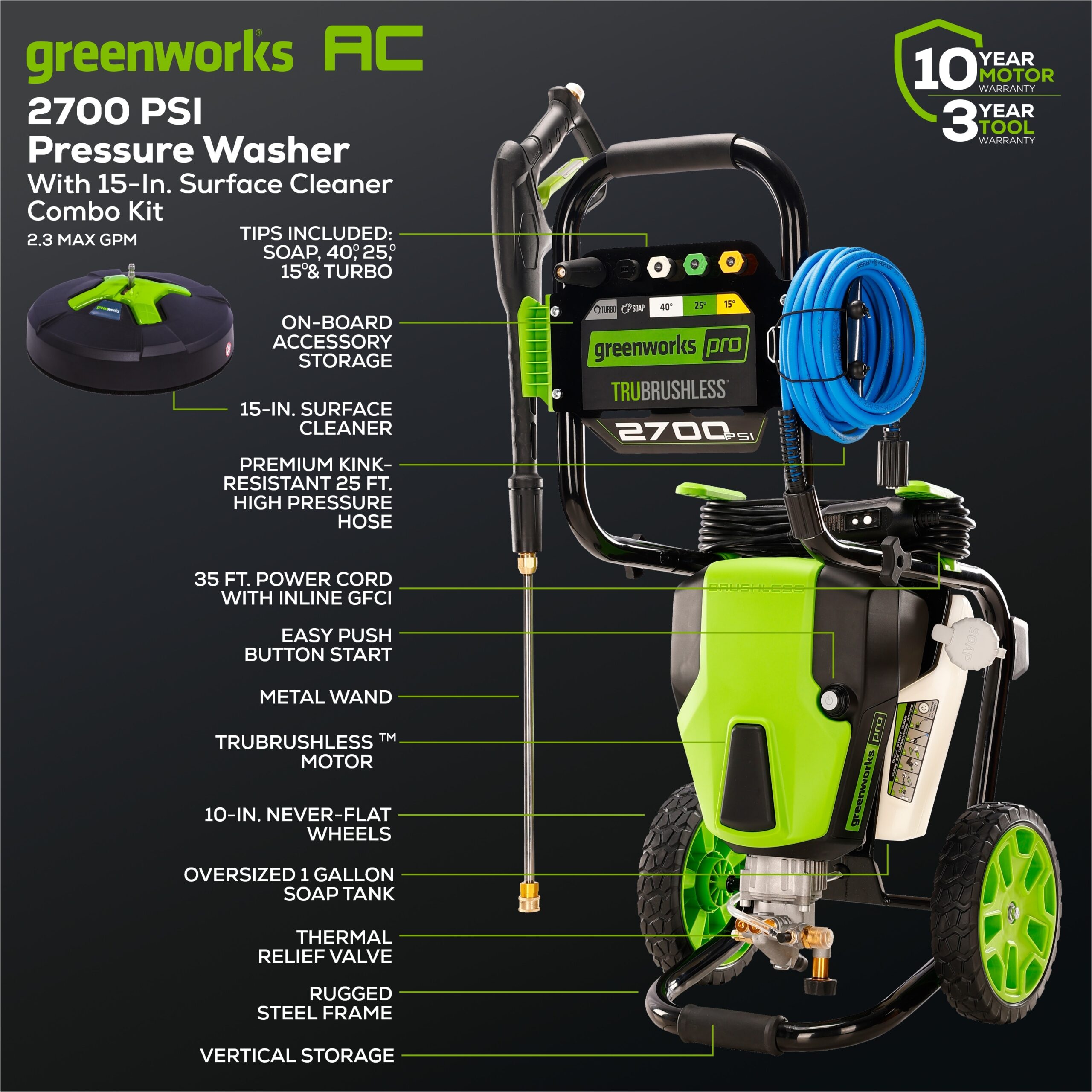 Greenworks 2700-PSI 2.3-GPM Cold Water Electric Pressure washer with 5 Spray Tips and Surface Cleaner