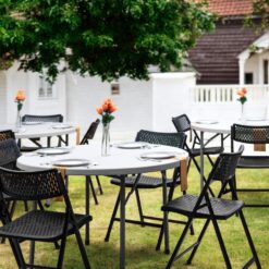 Hampden Furnishings 5-ft x 5-ft Fold-in-Half Indoor or outdoor Round Polypropylene Gray Folding dining table 10 -Person