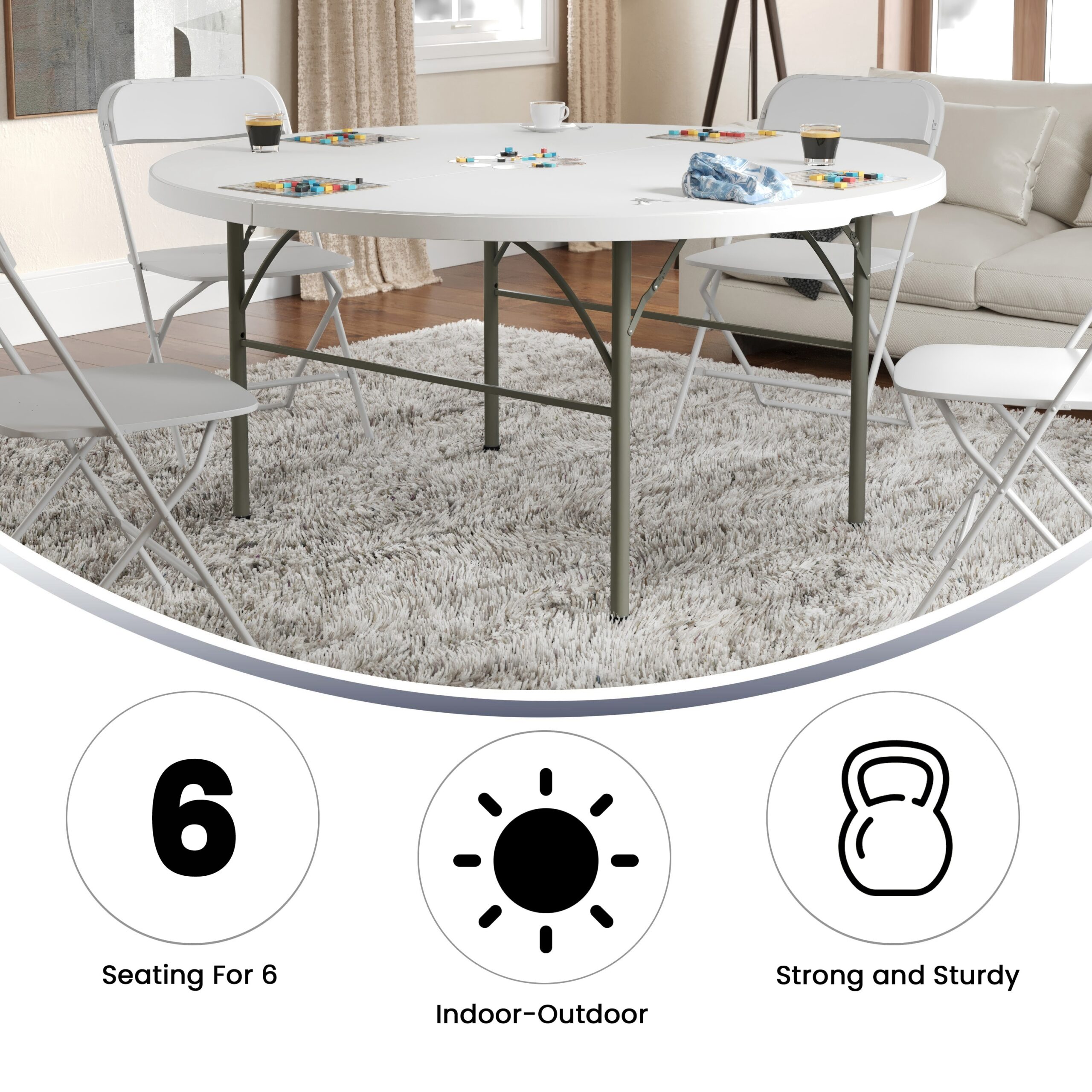 Flash Furniture 5.04-ft x 5.04-ft Fold-in-Half Indoor Round Plastic White Folding banquet table 6 -Person