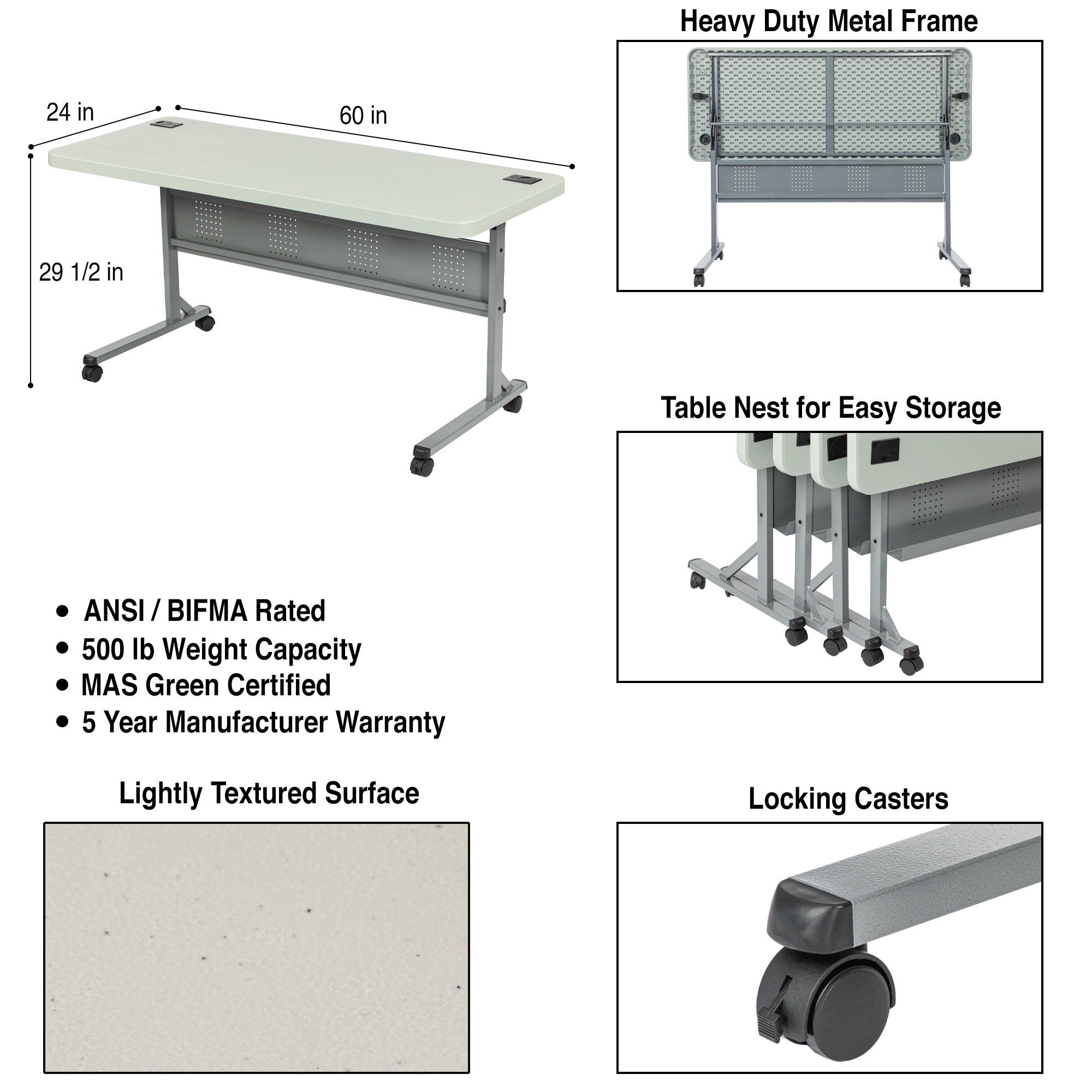 Hampden Furnishings 2-ft x 5-ft Indoor or outdoor Rectangle Polypropylene Gray Folding utility table 3 -Person
