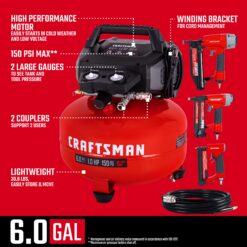 CRAFTSMAN 3 Nailers and 25' Hose Kit 6-Gallon Portable Electric 150 PSI Pancake Air Compressor with Accessories Included