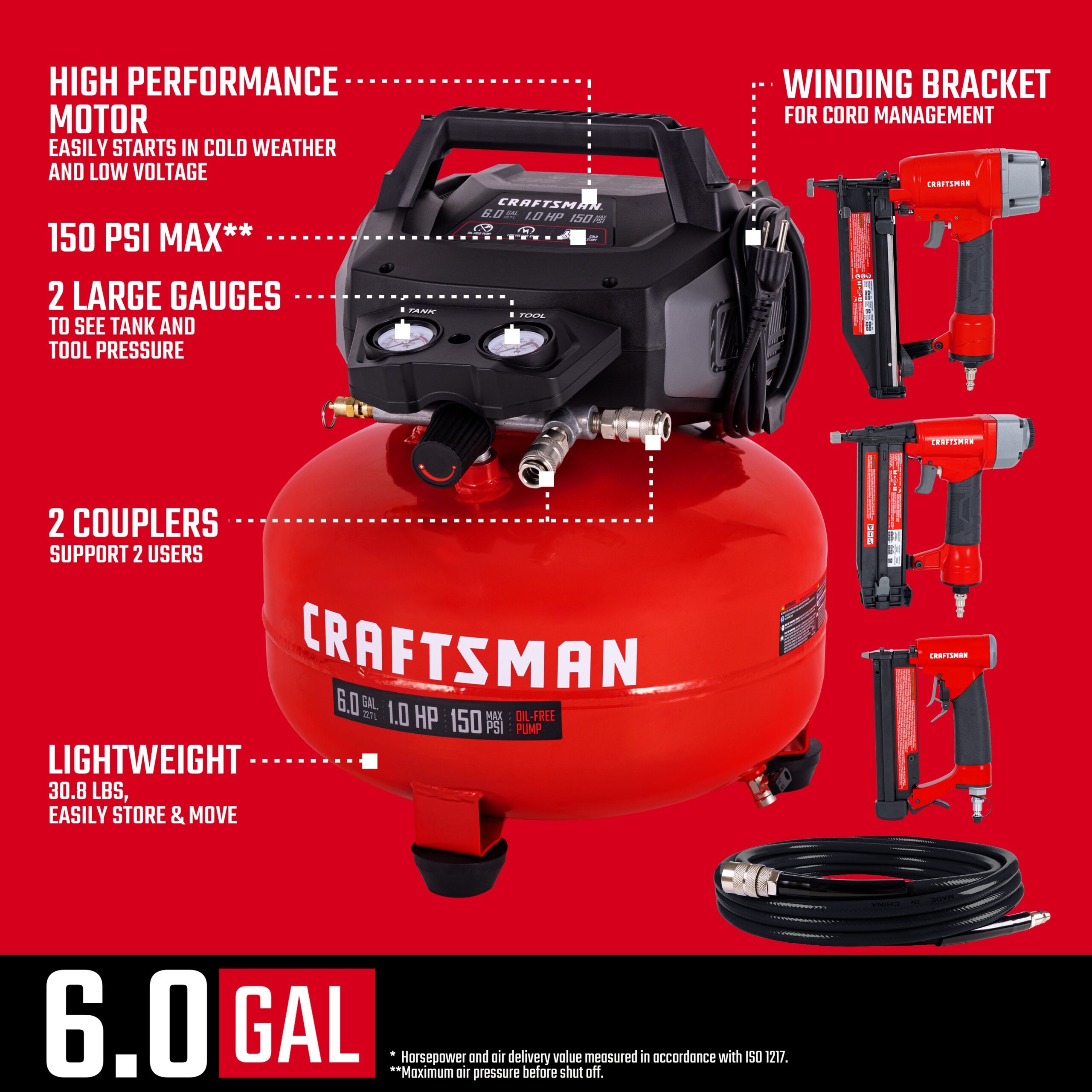 CRAFTSMAN 3 Nailers and 25' Hose Kit 6-Gallon Portable Electric 150 PSI Pancake Air Compressor with Accessories Included