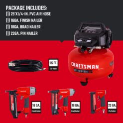 CRAFTSMAN 3 Nailers and 25' Hose Kit 6-Gallon Portable Electric 150 PSI Pancake Air Compressor with Accessories Included
