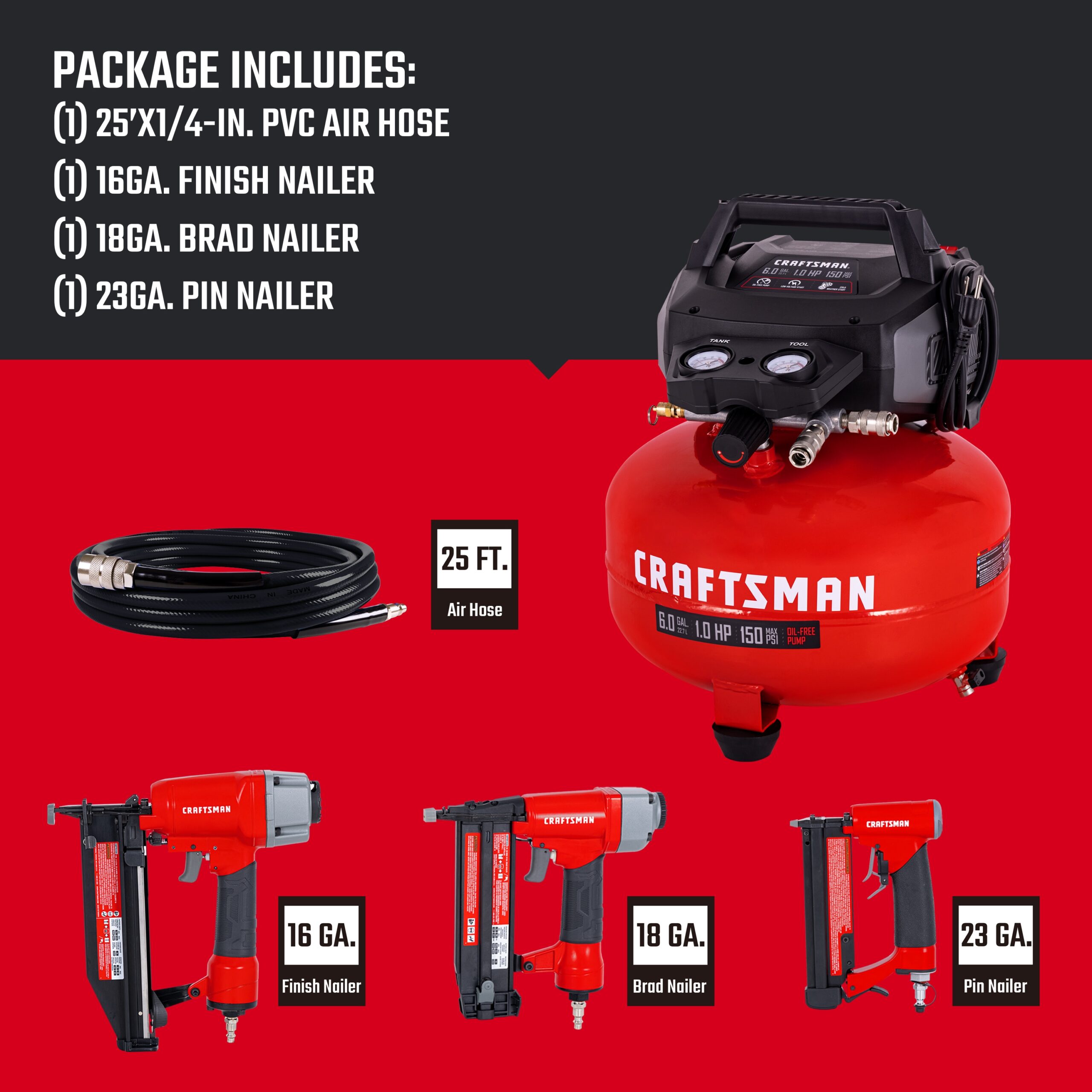 CRAFTSMAN 3 Nailers and 25' Hose Kit 6-Gallon Portable Electric 150 PSI Pancake Air Compressor with Accessories Included