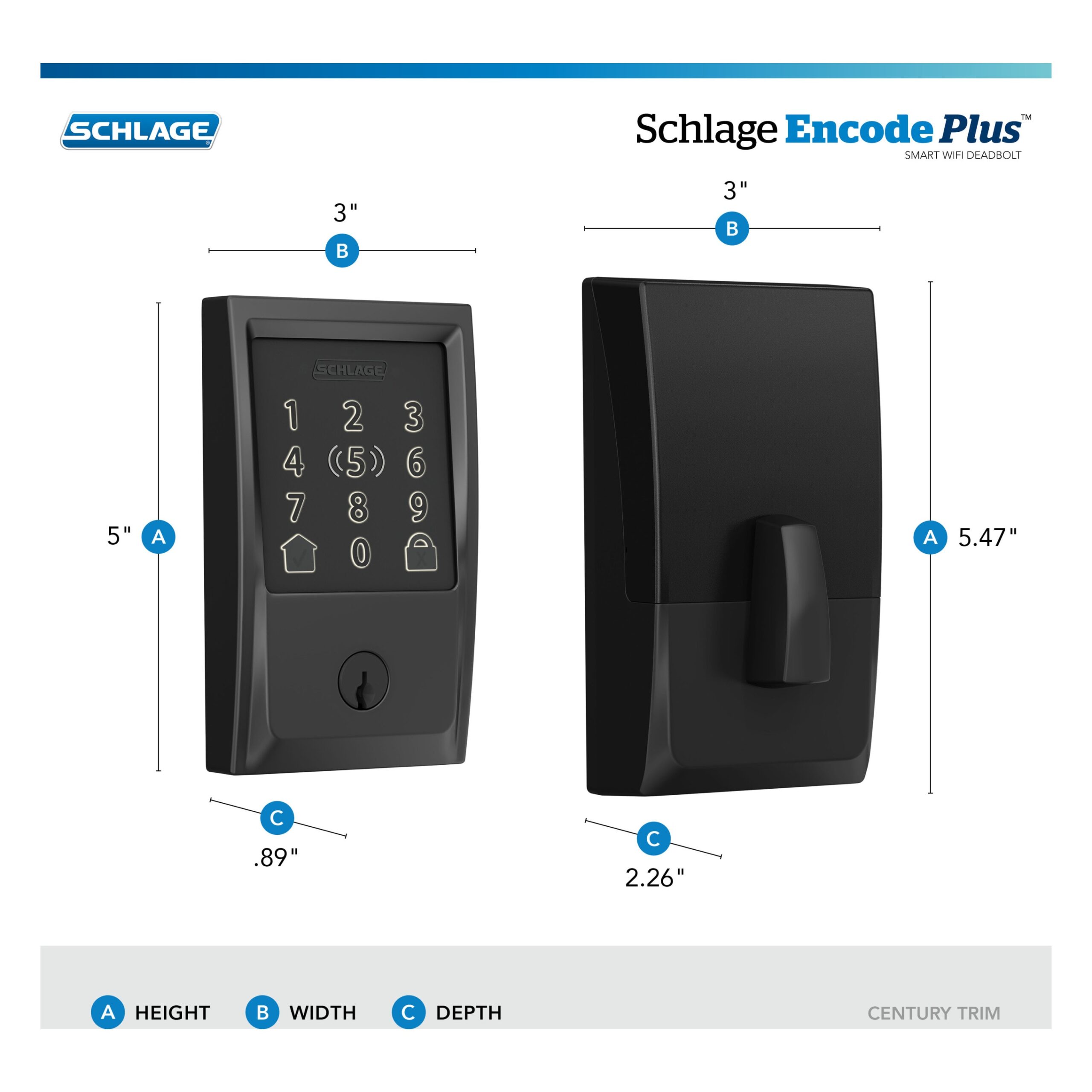 Schlage Encode Plus Century Matte Black Smart Wi-Fi and Bluetooth Touchscreen Keypad Electronic Deadbolt Lock