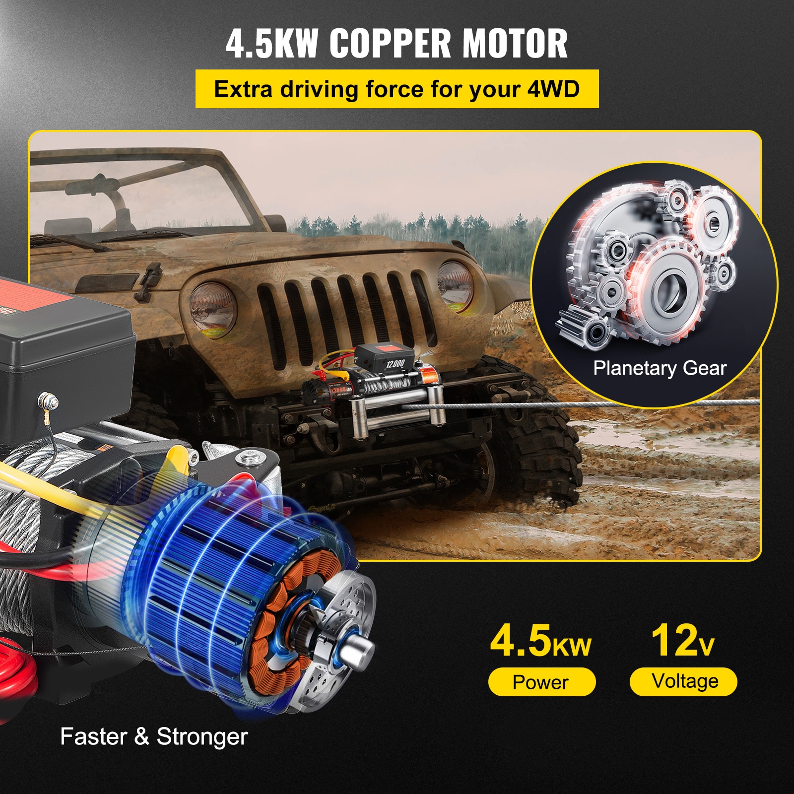 VEVOR 12000-lb 85.0-ft Aluminum Winch Rope 7.5 -HP Motor