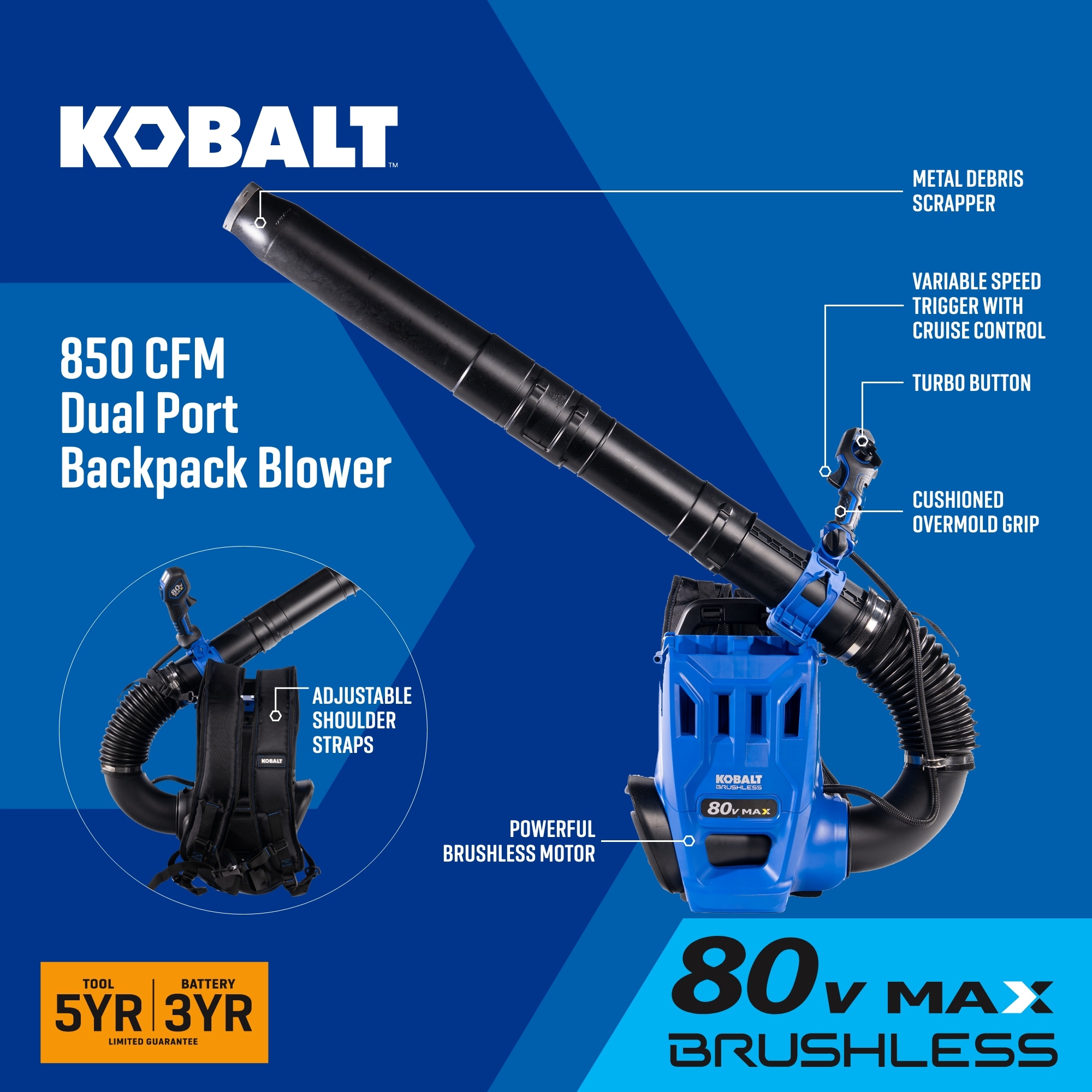 Kobalt Dual Port 80-volt 850-CFM 210-MPH Battery Backpack Leaf Blower 4 Ah