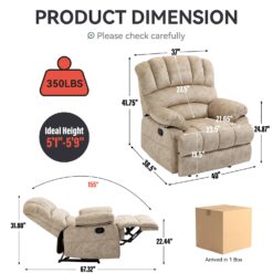 GZMR Large Manual Recliner Chair Beige Velvet Upholstered Recliner