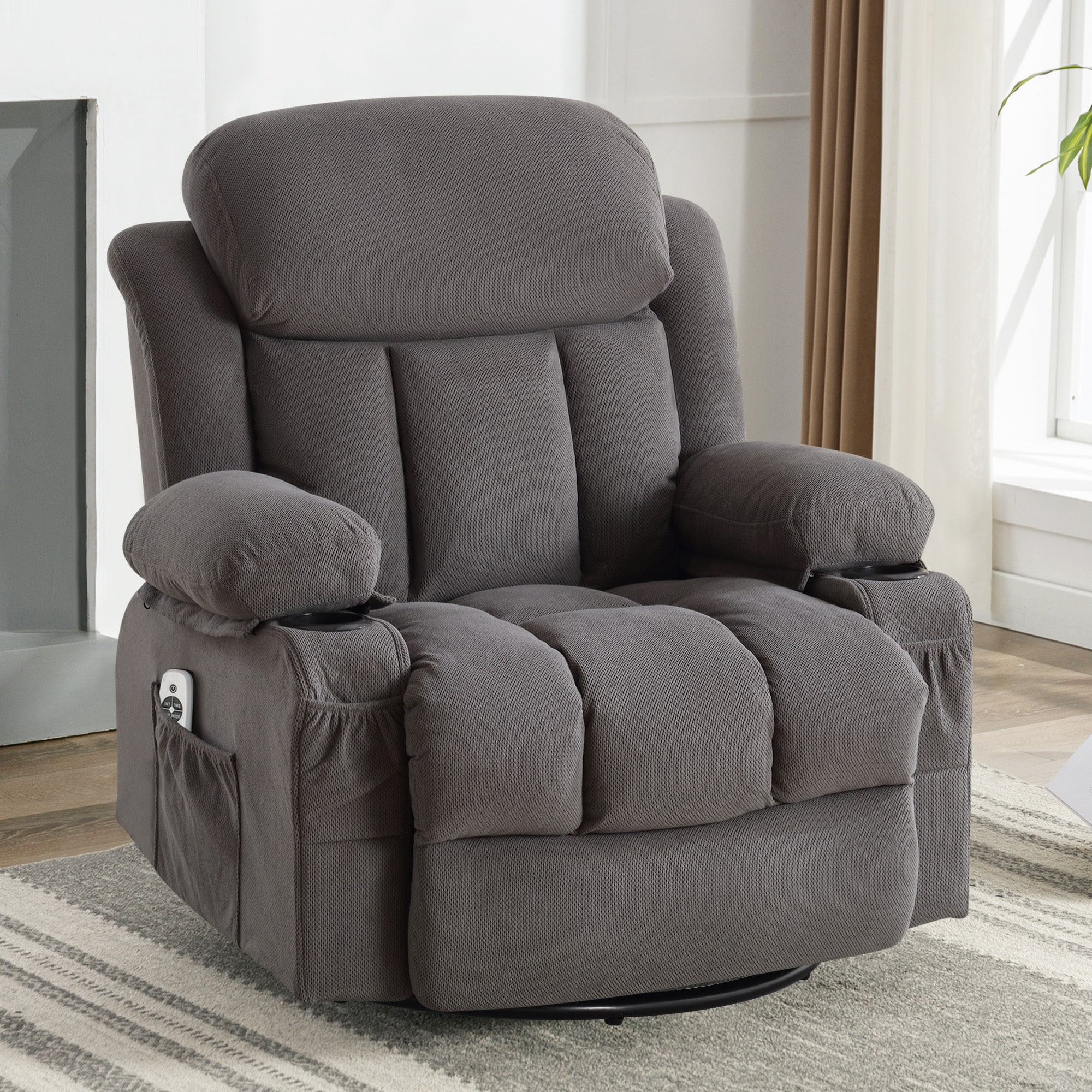 Mondawe 360 Degree Swing with Massage and Lumbar Heat Recliner Gray Velvet Upholstered Swivel Massage chair