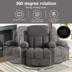 Mondawe 360 Degree Swing with Massage and Lumbar Heat Recliner Gray Velvet Upholstered Swivel Massage chair