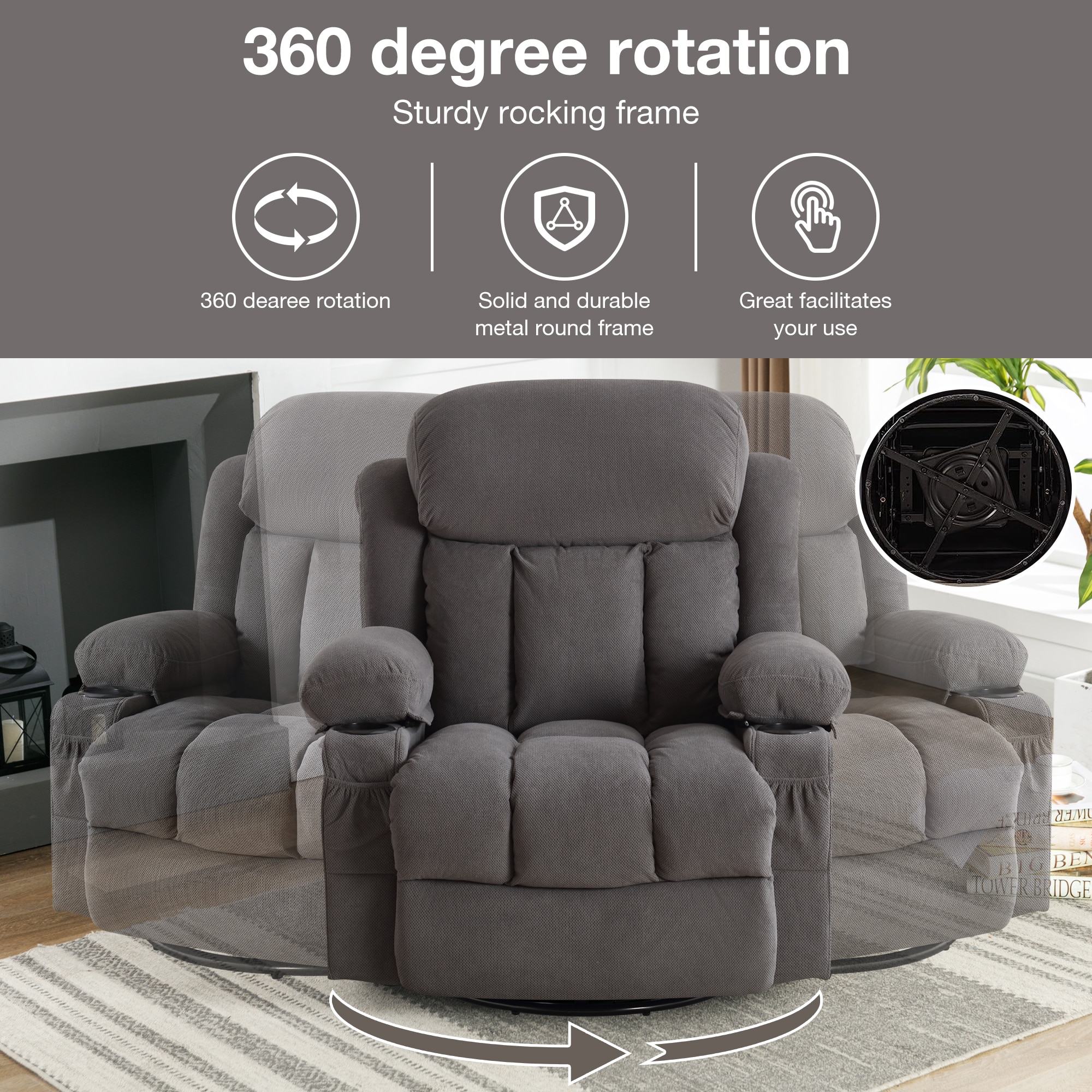 Mondawe 360 Degree Swing with Massage and Lumbar Heat Recliner Gray Velvet Upholstered Swivel Massage chair