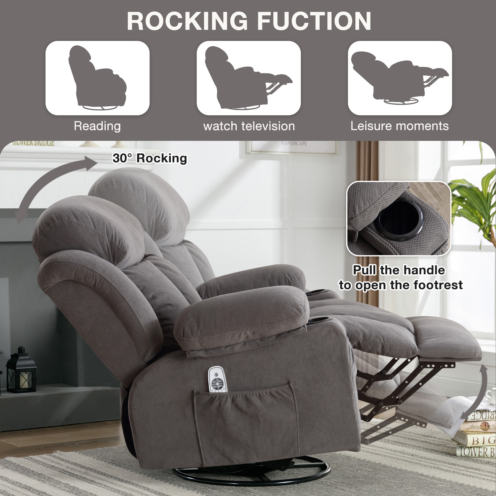 Mondawe 360 Degree Swing with Massage and Lumbar Heat Recliner Gray Velvet Upholstered Swivel Massage chair
