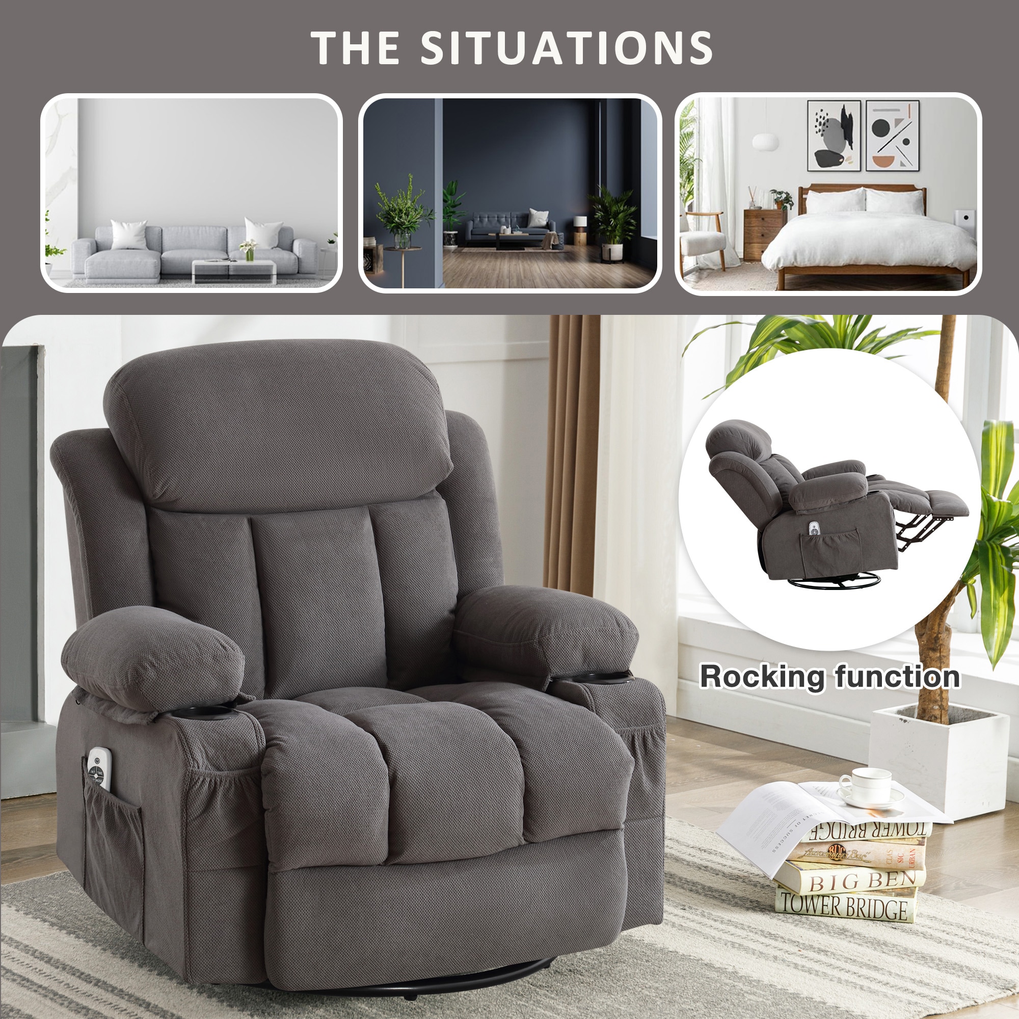Mondawe 360 Degree Swing with Massage and Lumbar Heat Recliner Gray Velvet Upholstered Swivel Massage chair